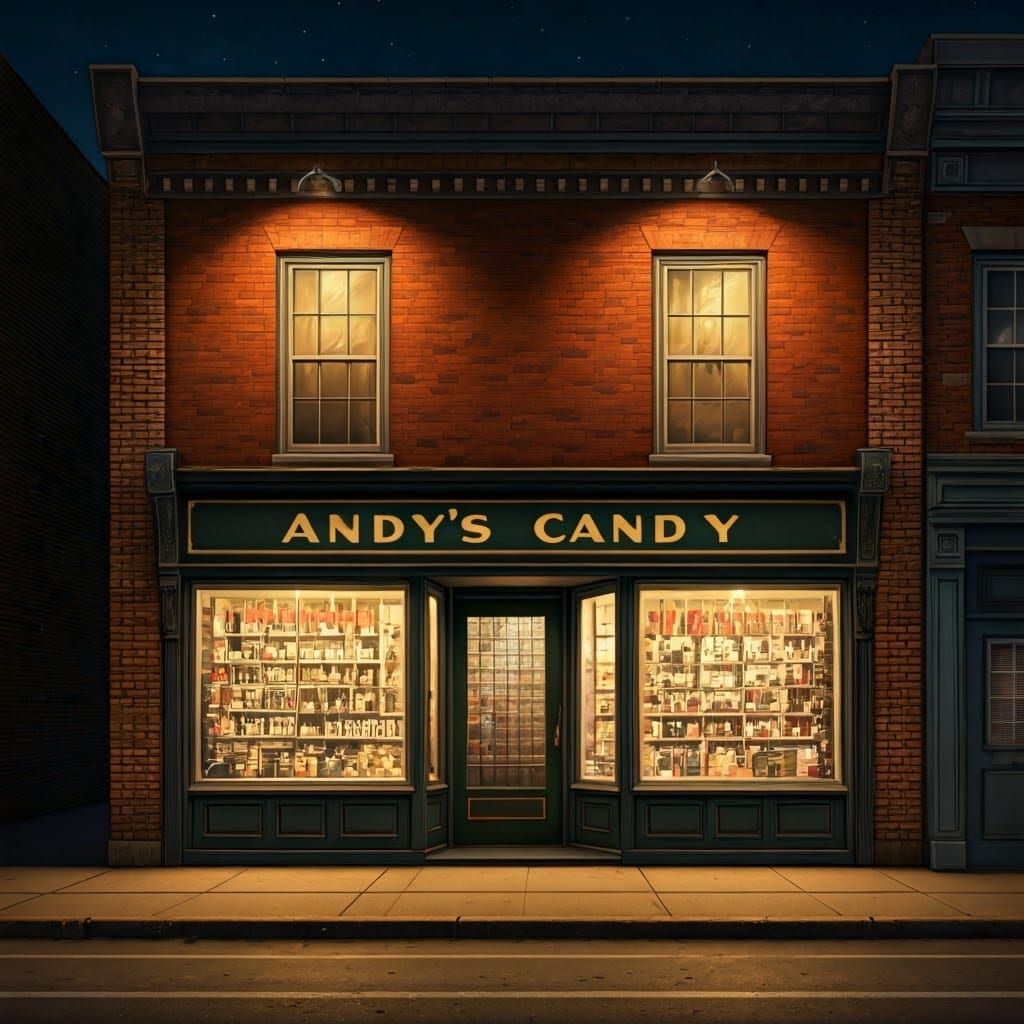 Vibrant Nighttime Scene of Andy's Candy Store