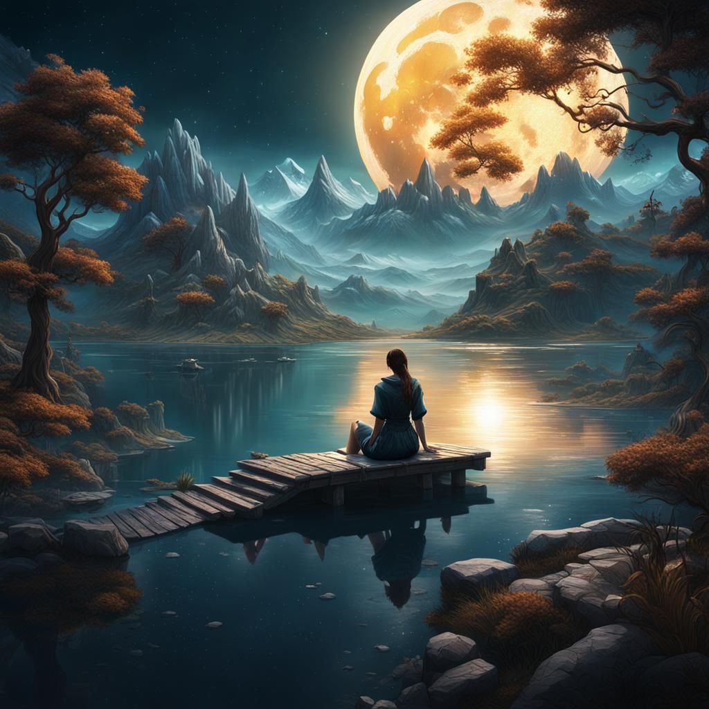Moonlit Lake with Girl: Fantasy Concept Art