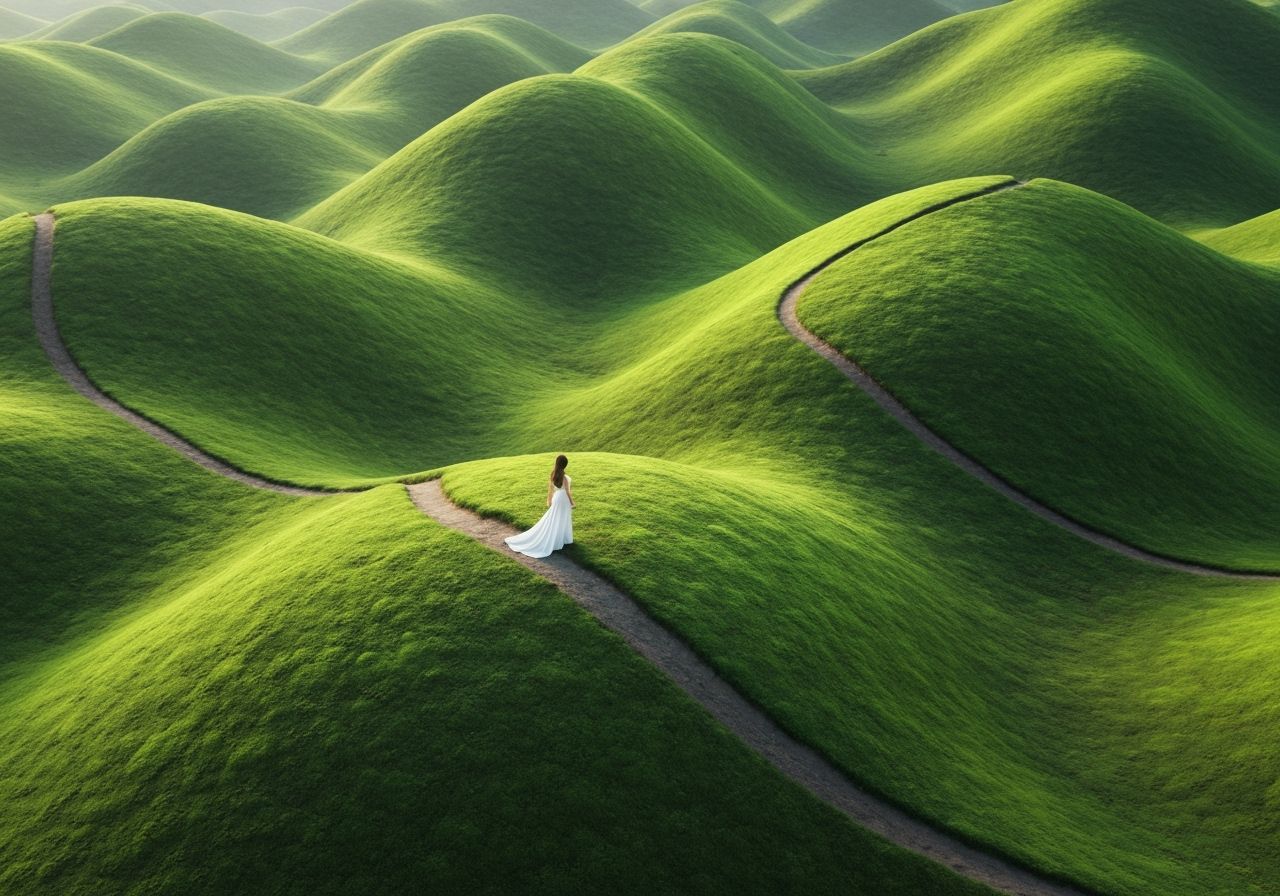 Aerial View of Mossy Hills with Figure in White Dress