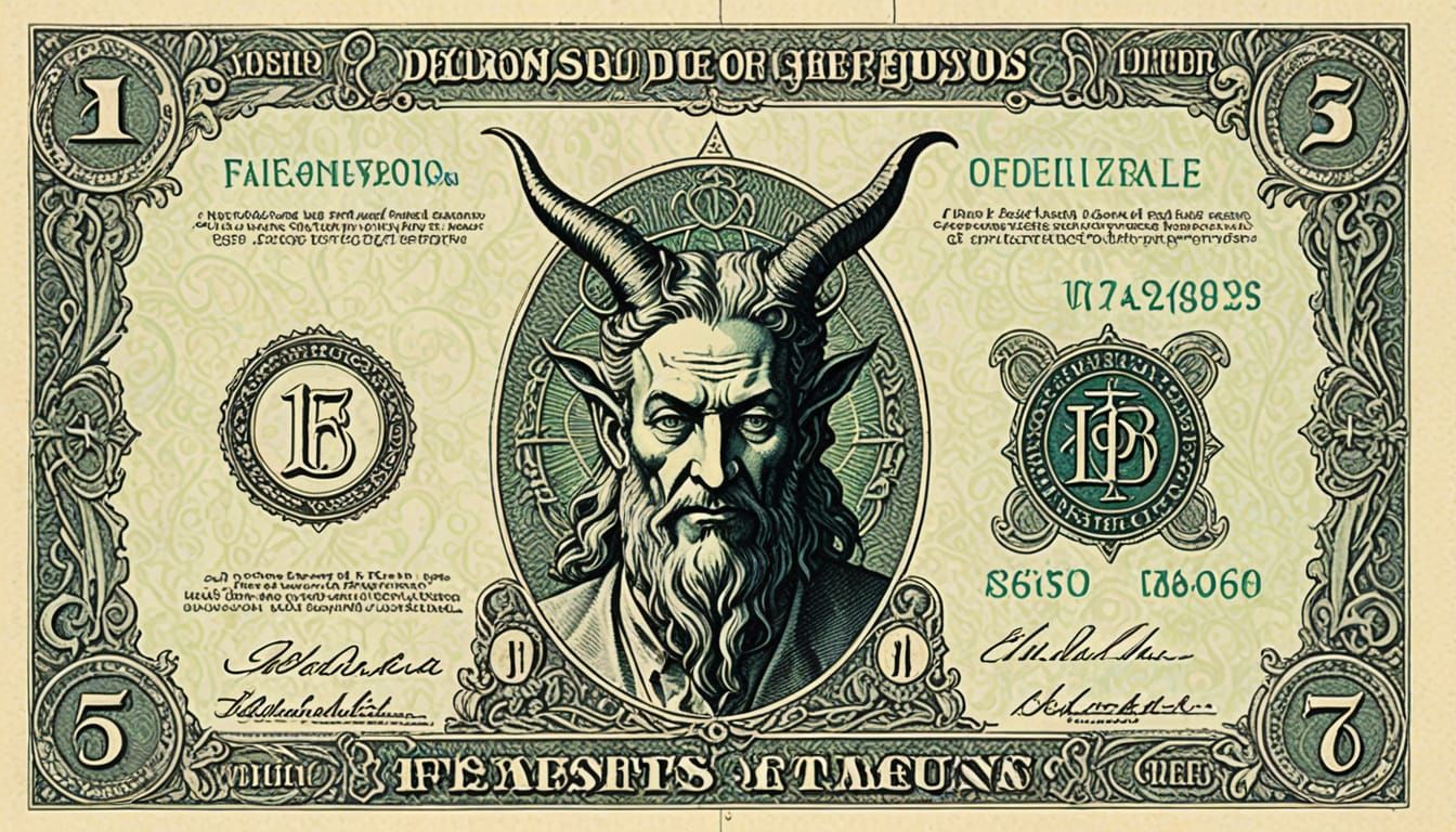 Baphomet on Fantasy Currency in Lithograph Style