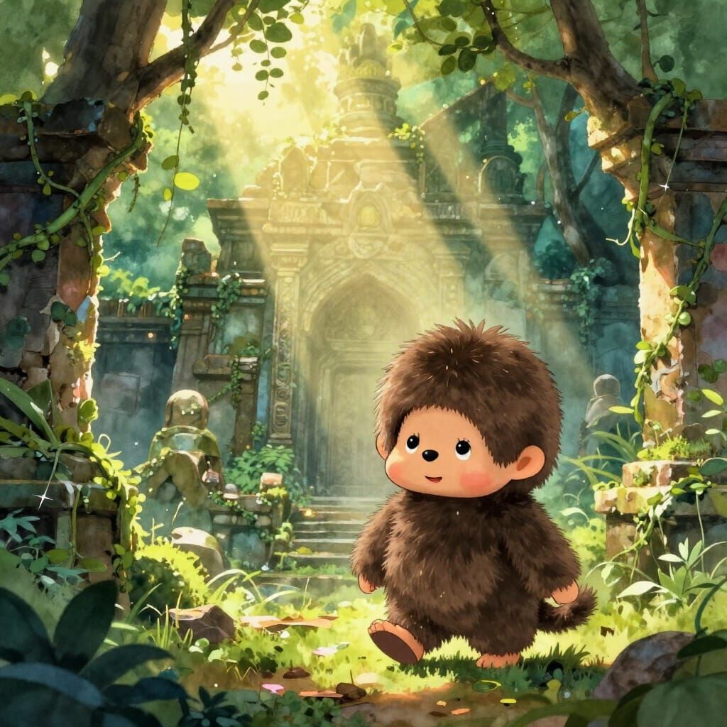 Monchhichi Explores Ancient Temple in Ghibli Style
