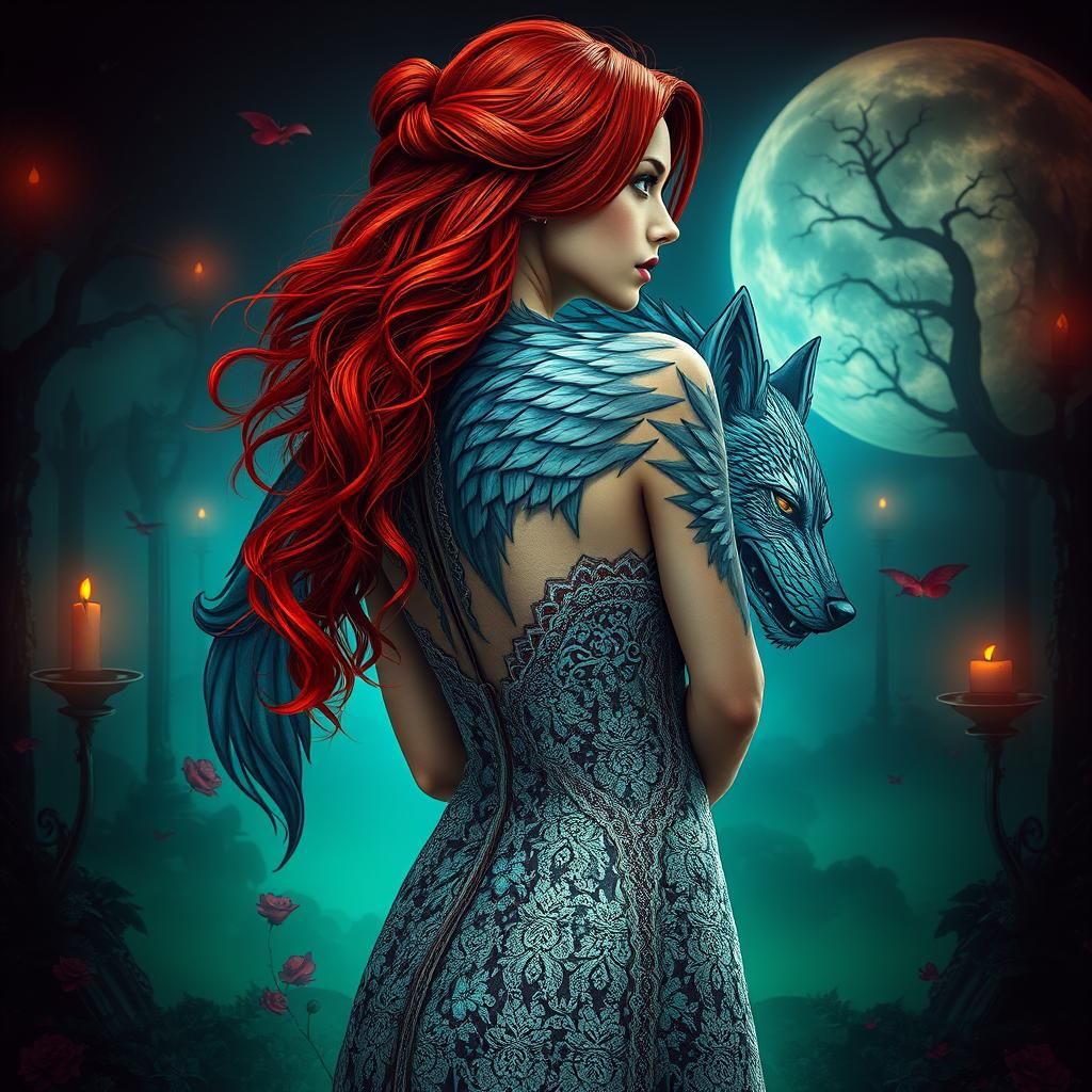 Red-Haired Woman with Wolf Tattoo in Art Nouveau Style