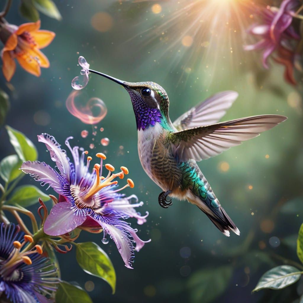 Hummingbird Sipping Nectar: Macro Photography in Watercolor