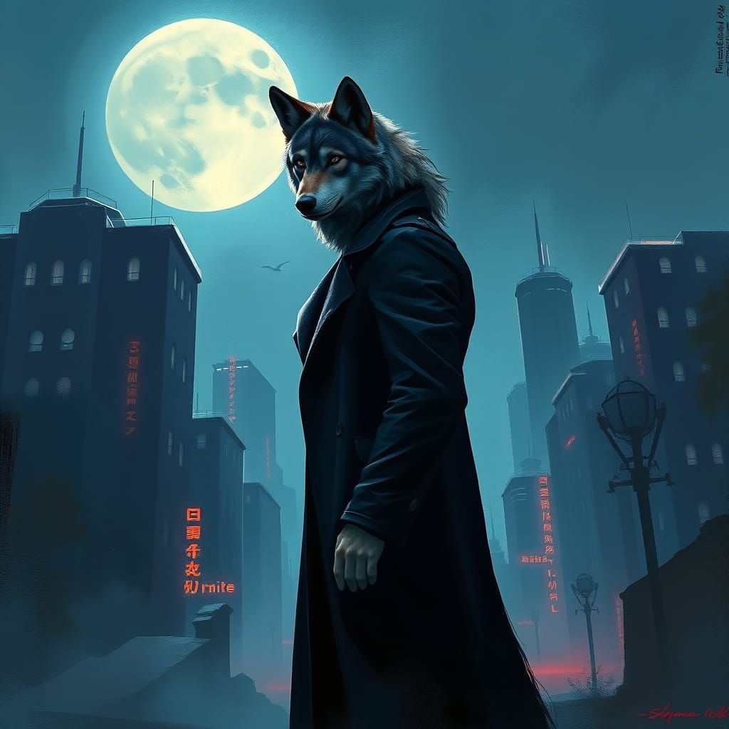 Confident Sigma Male in Moonlit Cityscape