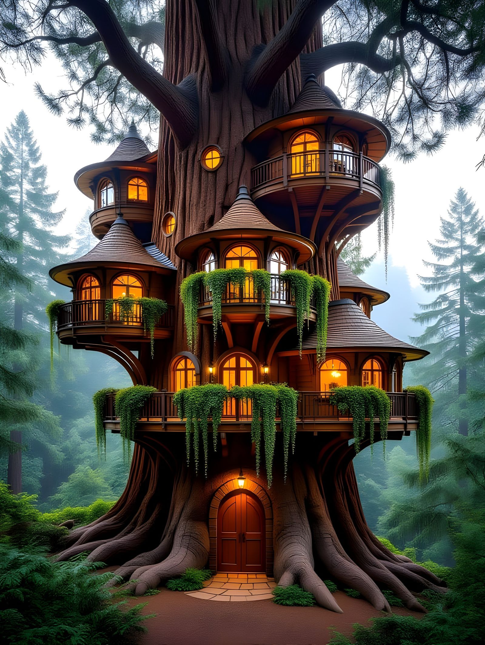 Majestic Treehouse in a Whimsical Forest Scene