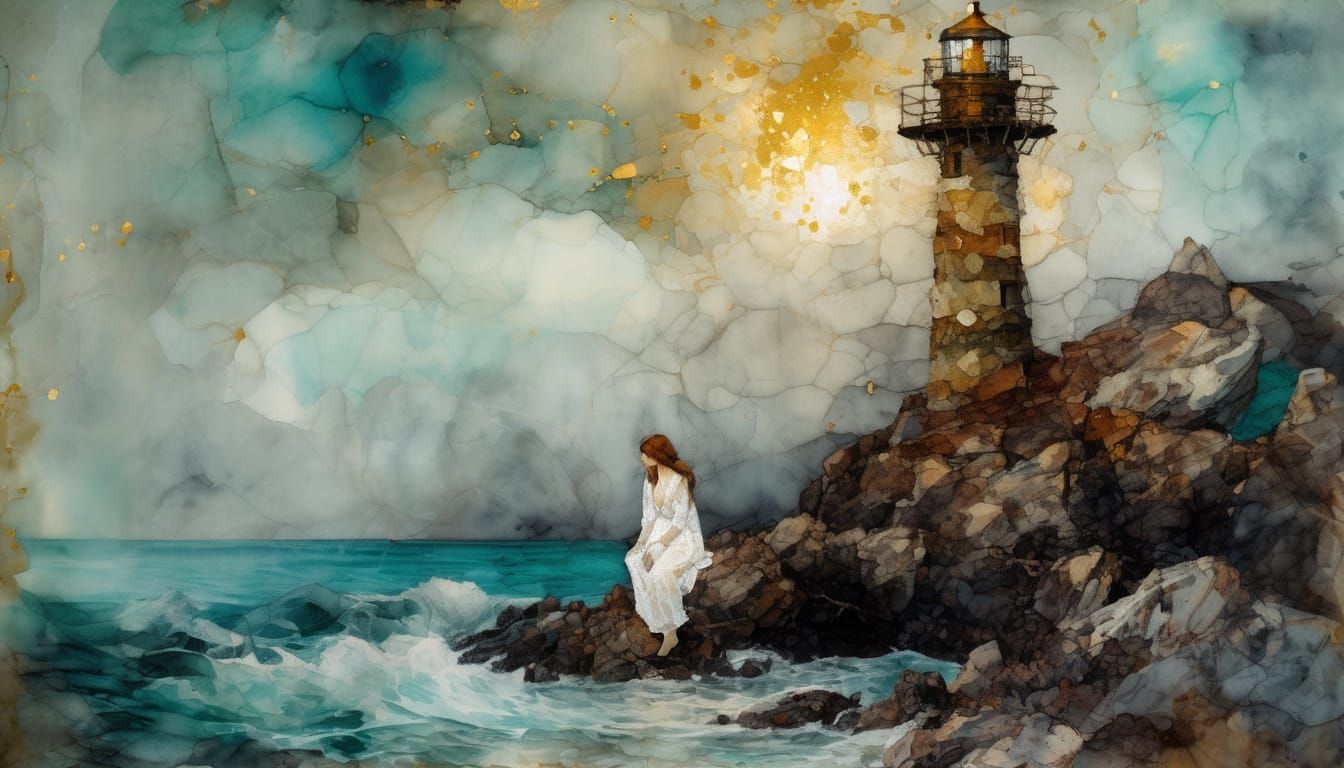 Ethereal Lighthouse Scene in Encaustic Chiaroscuro