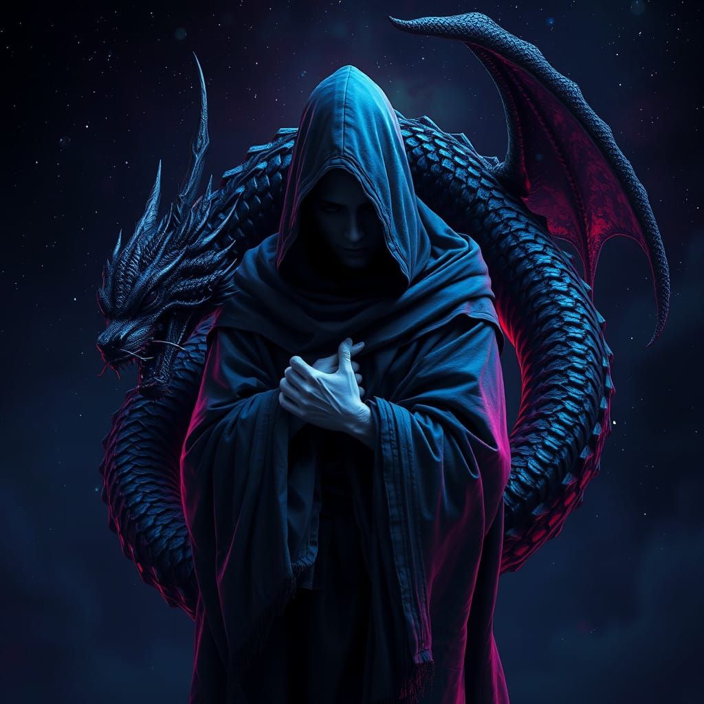 Mysterious Figure and Majestic Black Dragon in a Celestial V...