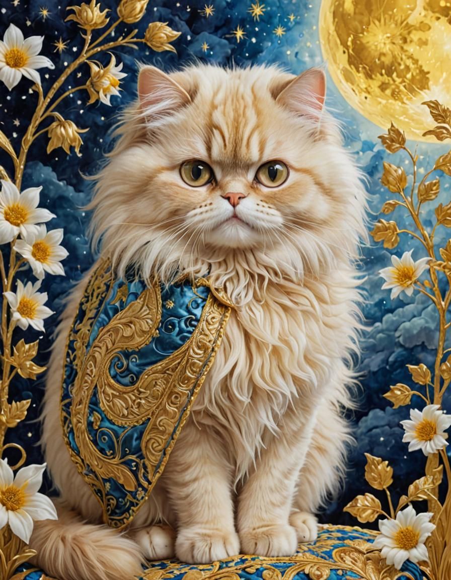 Velvet Persian Cat in Celestial Fabric Dreamscape