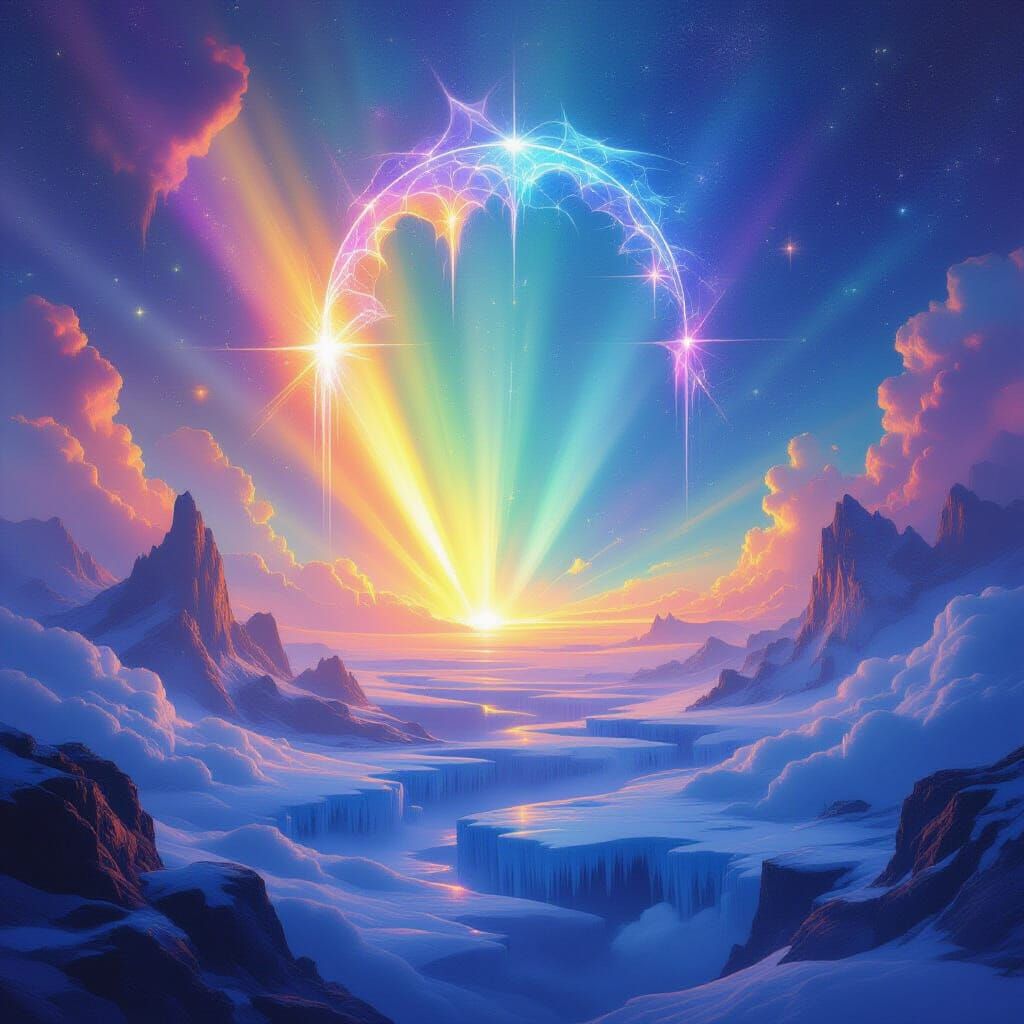 Rainbow Sky with Ice Crystals and Ethereal Portals