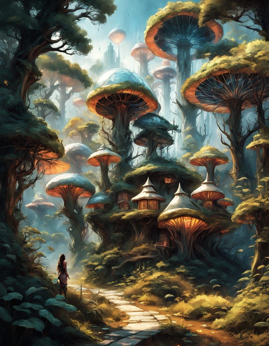 Whimsical Solarpunk Village with Mushroom Houses and Faerie ...