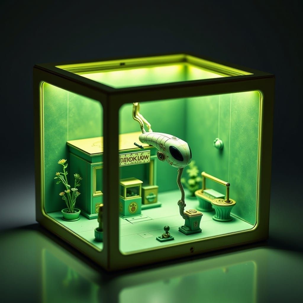 Miniature Alien Gas Station in Glowing Green Box