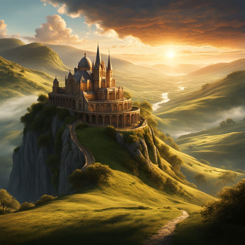 Fantasy Cathedral Amidst Majestic Mountains