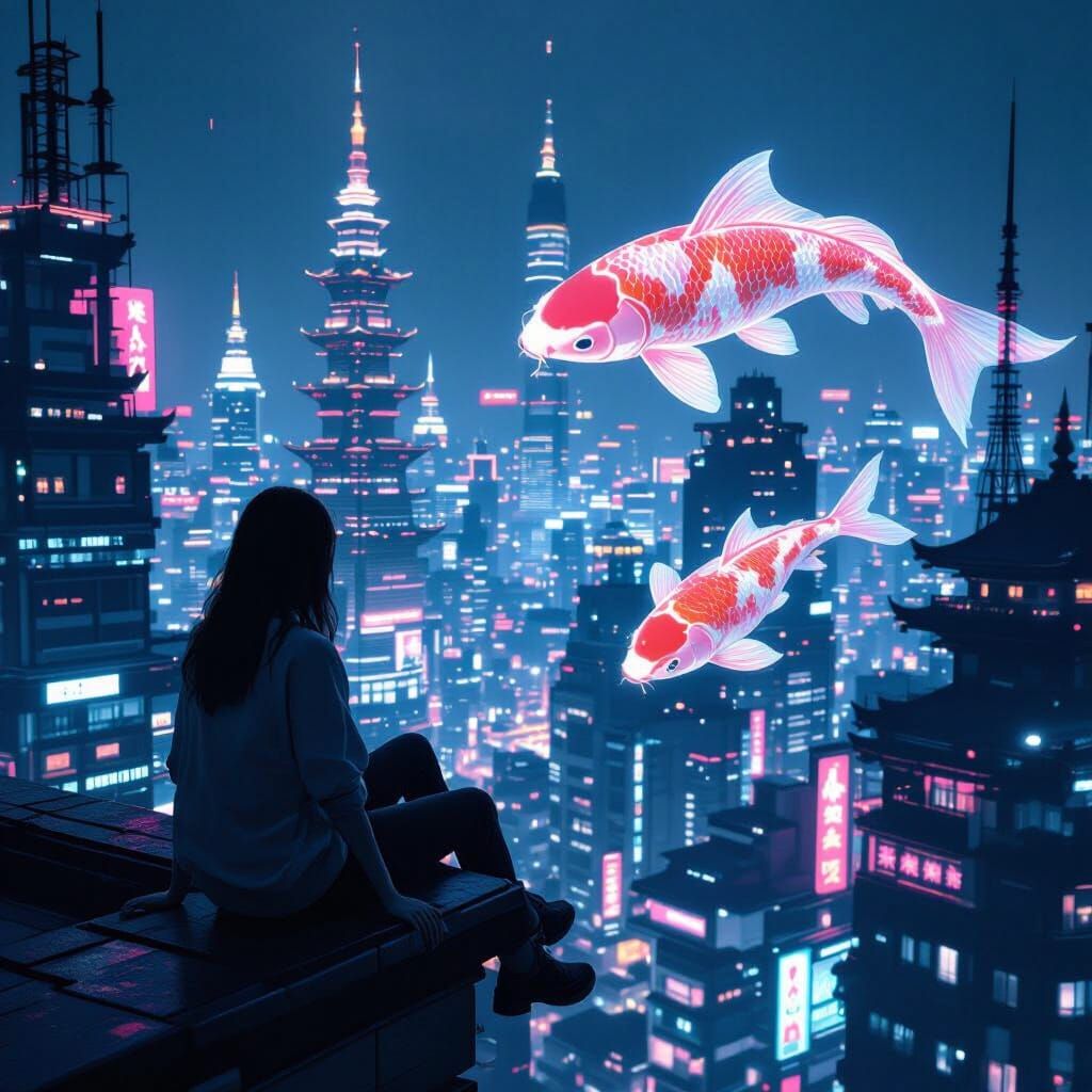 Rooftop Serenity: Futuristic Cityscape in Vaporwave Style