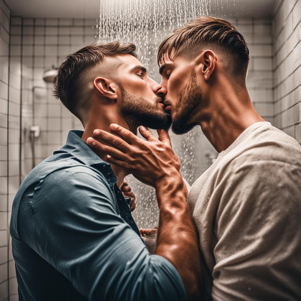 Intimate Kiss Between Two Men in Shower, Realistic Photo
