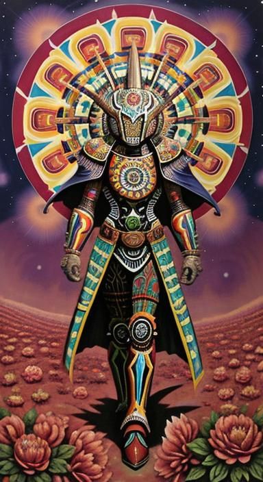 Aztec Psychedelic Robot in Batsuit with Peonies