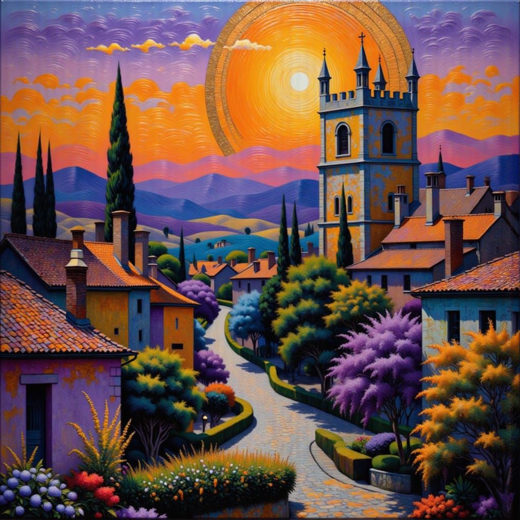 Kintsugi Mosaic Cityscape at Dusk in Gothic Style