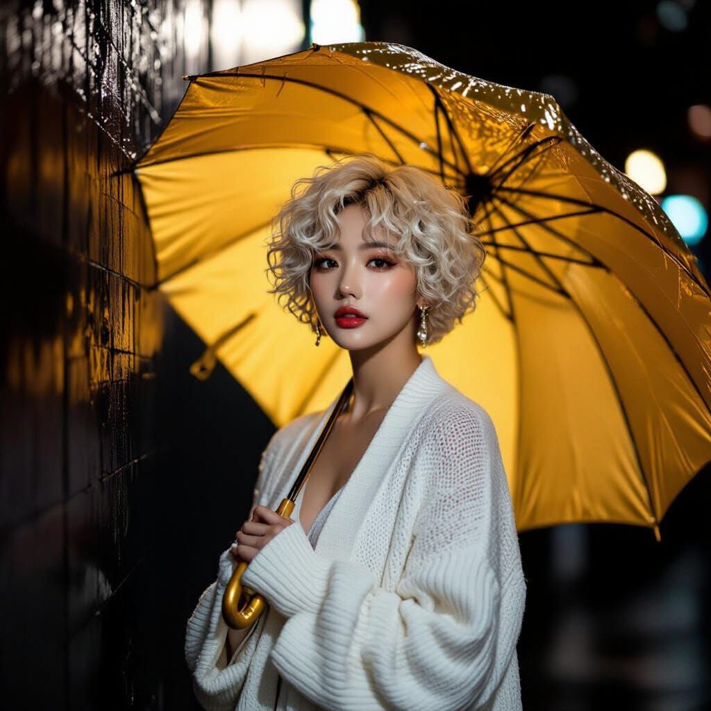 K-Pop Idol with Golden Umbrella in Dramatic Lighting