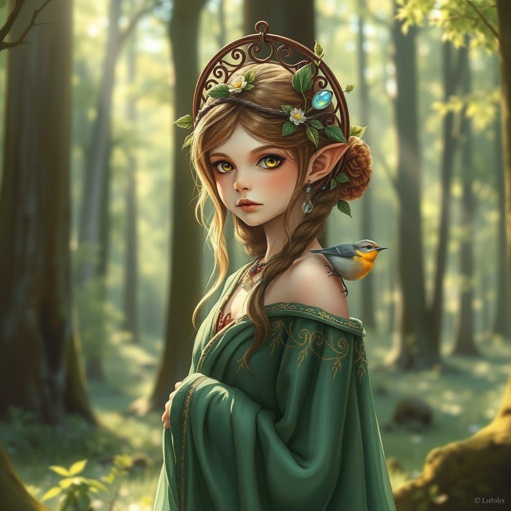 Ethereal Halfling Druidess in Moss-Green Robe with Songbird