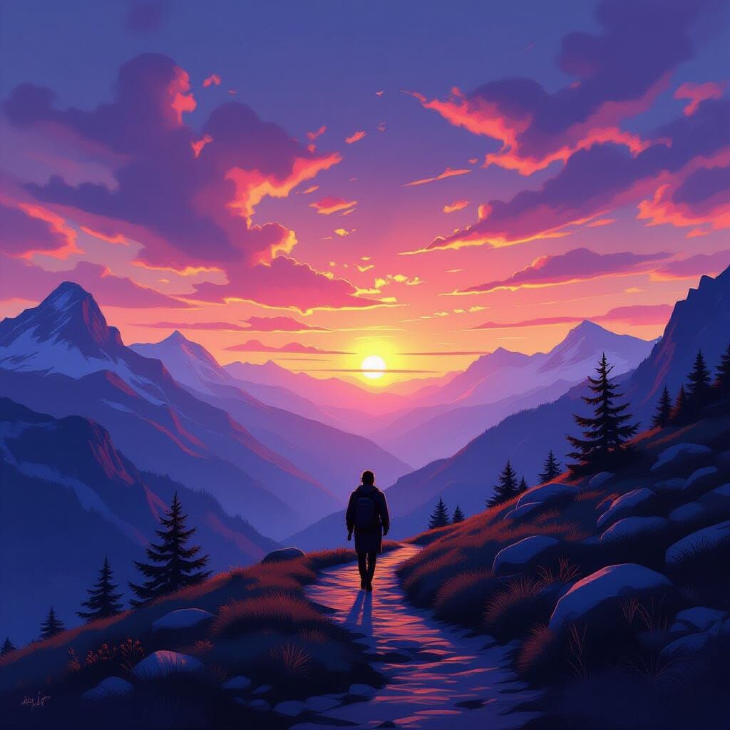 Lone Traveler on Mountain Trail at Sunset