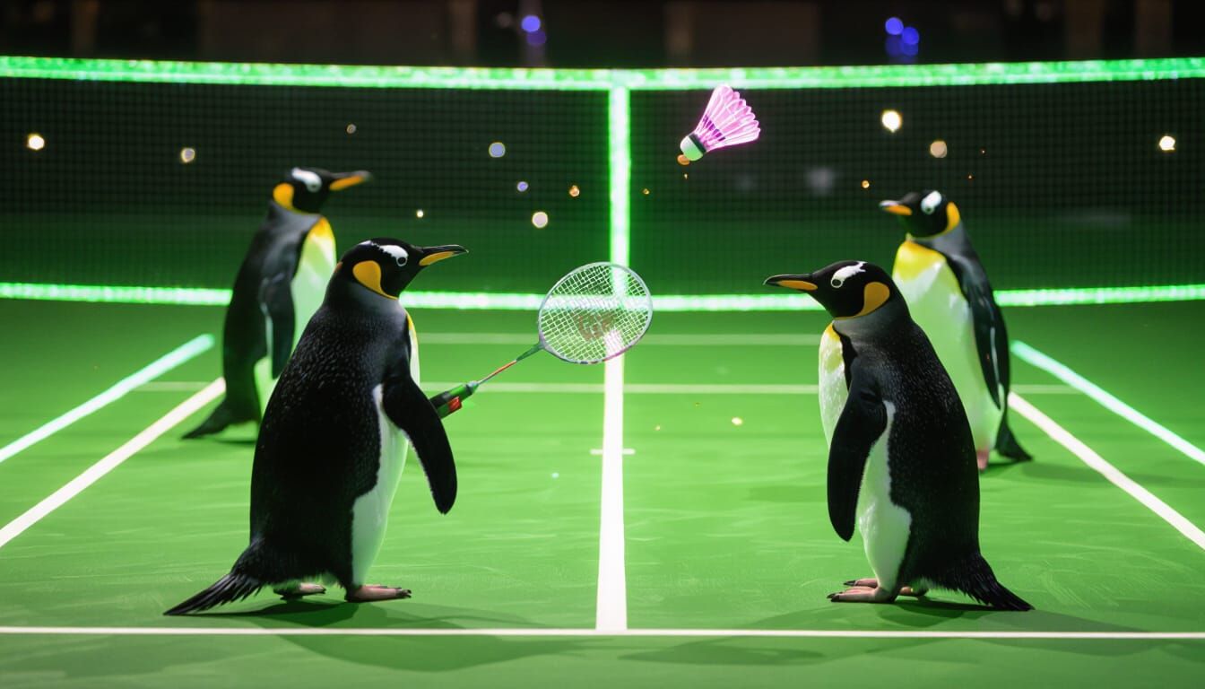 Penguins Play Badminton in a Neon-Lit Court