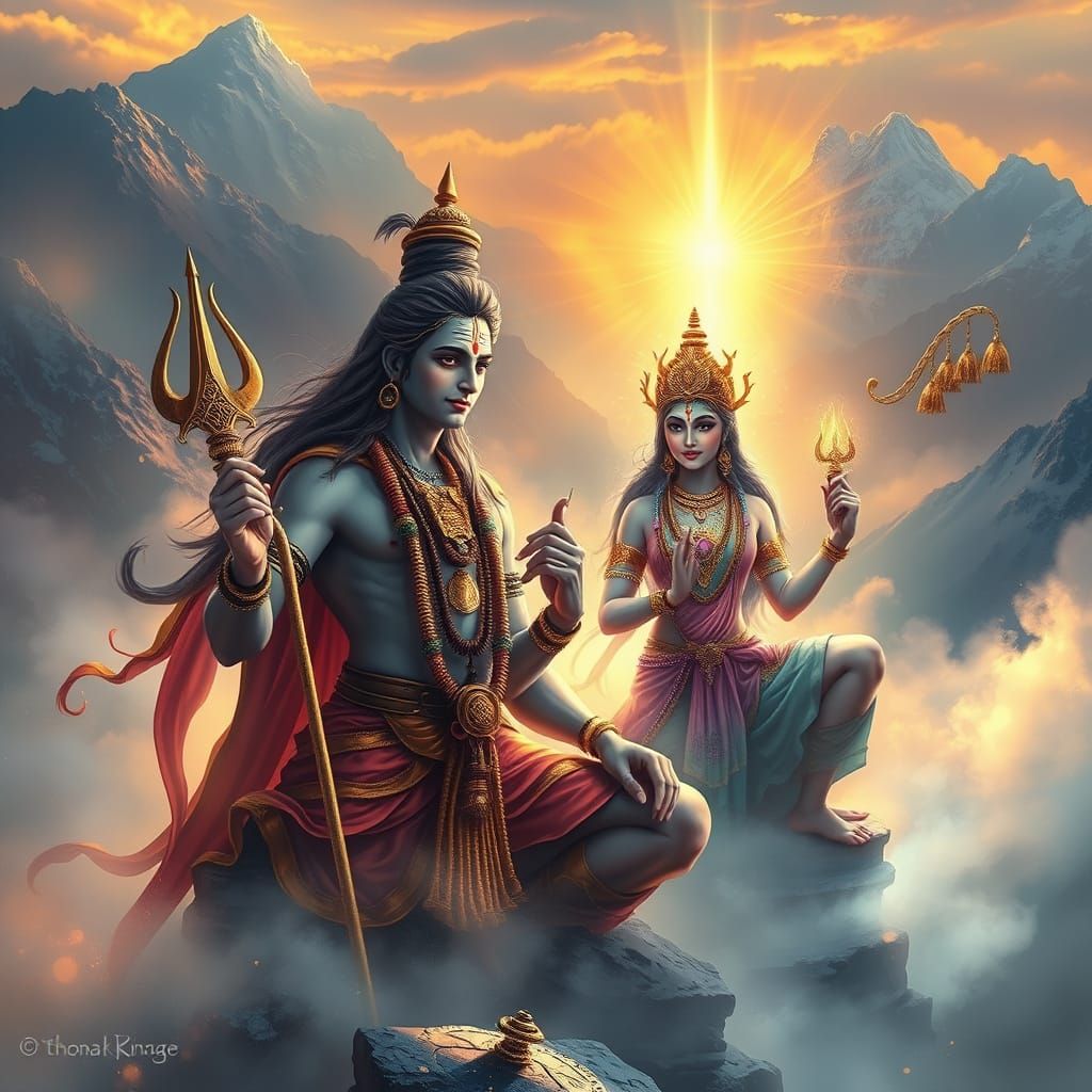 Lord Shiva and Parvati in Himalayas Digital Painting