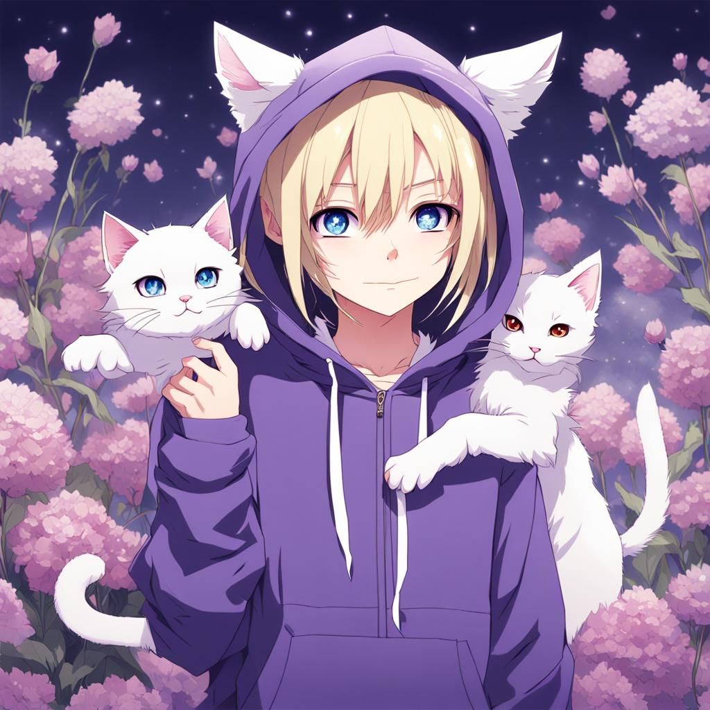 Emo Girl with Cat and Flowers in Anime Style
