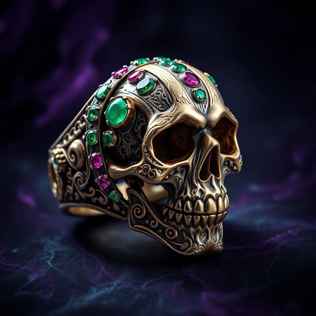 Luxurious Macabre Ring with Bone Skull and Vibrant Gemstones