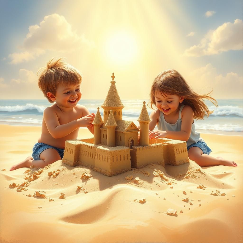 Children Building Sandcastle on Beach in Gurney Style