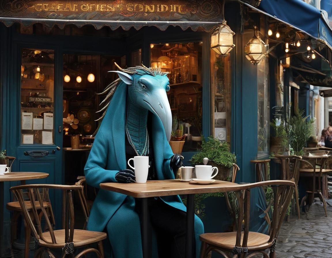 Anthropomorphic Figure Listening to the Sea in Cafe