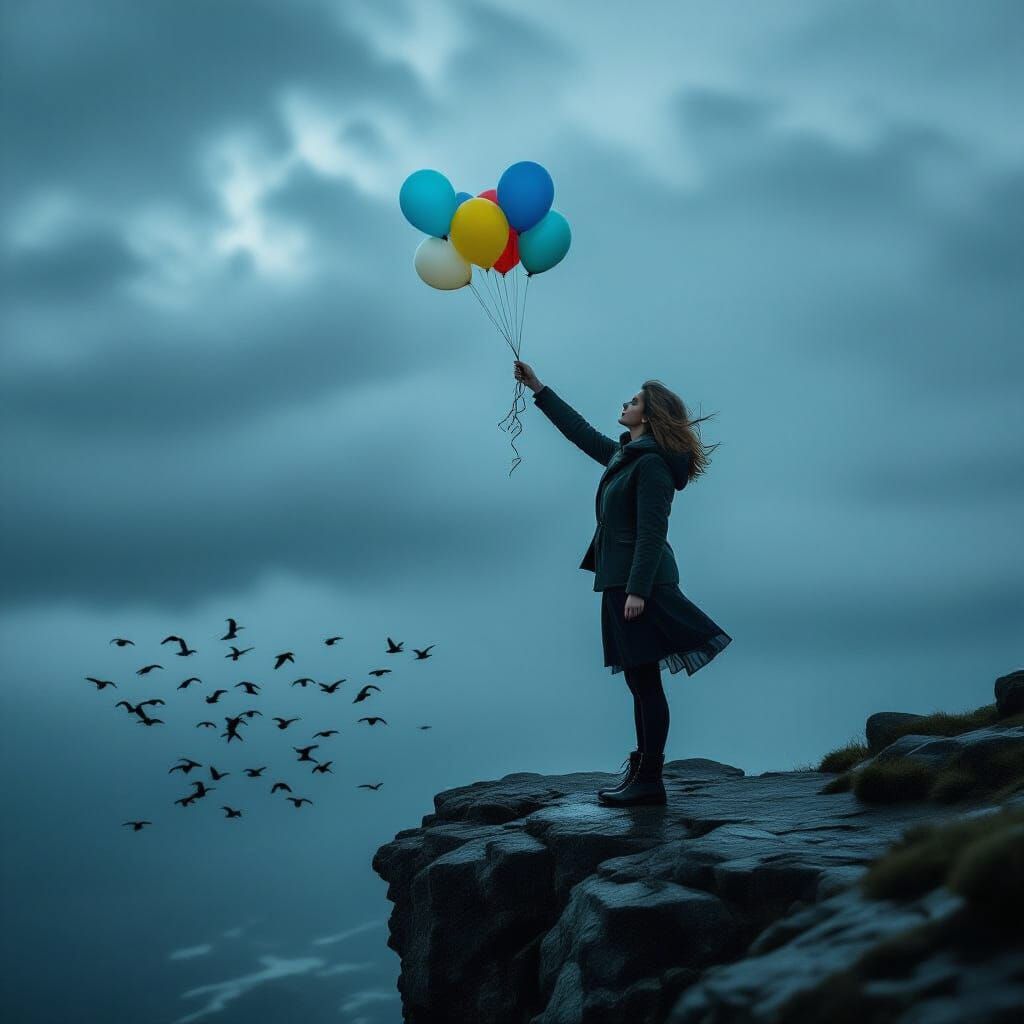 Woman Reaching for Balloons on Rocky Cliff Edge