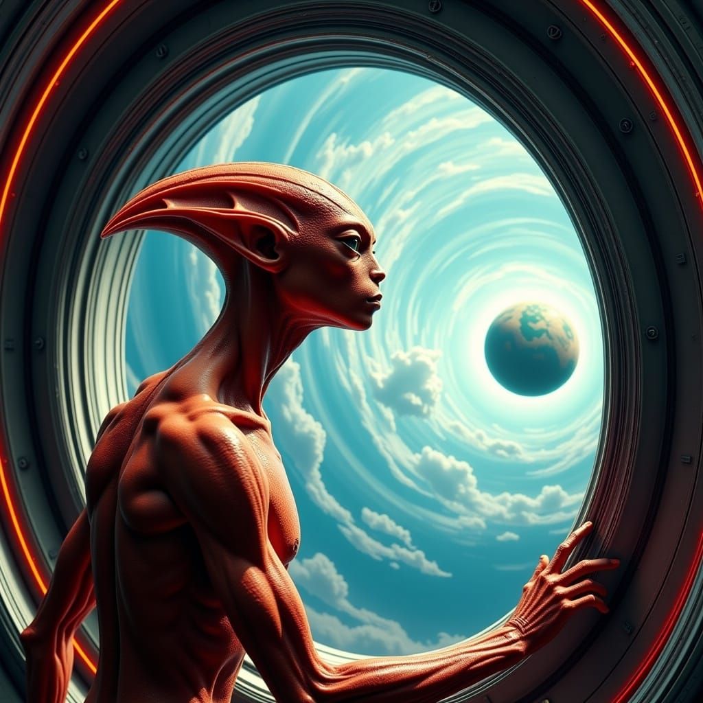 Alien Gazes at Earth from Spaceship in Sci-Fi Art