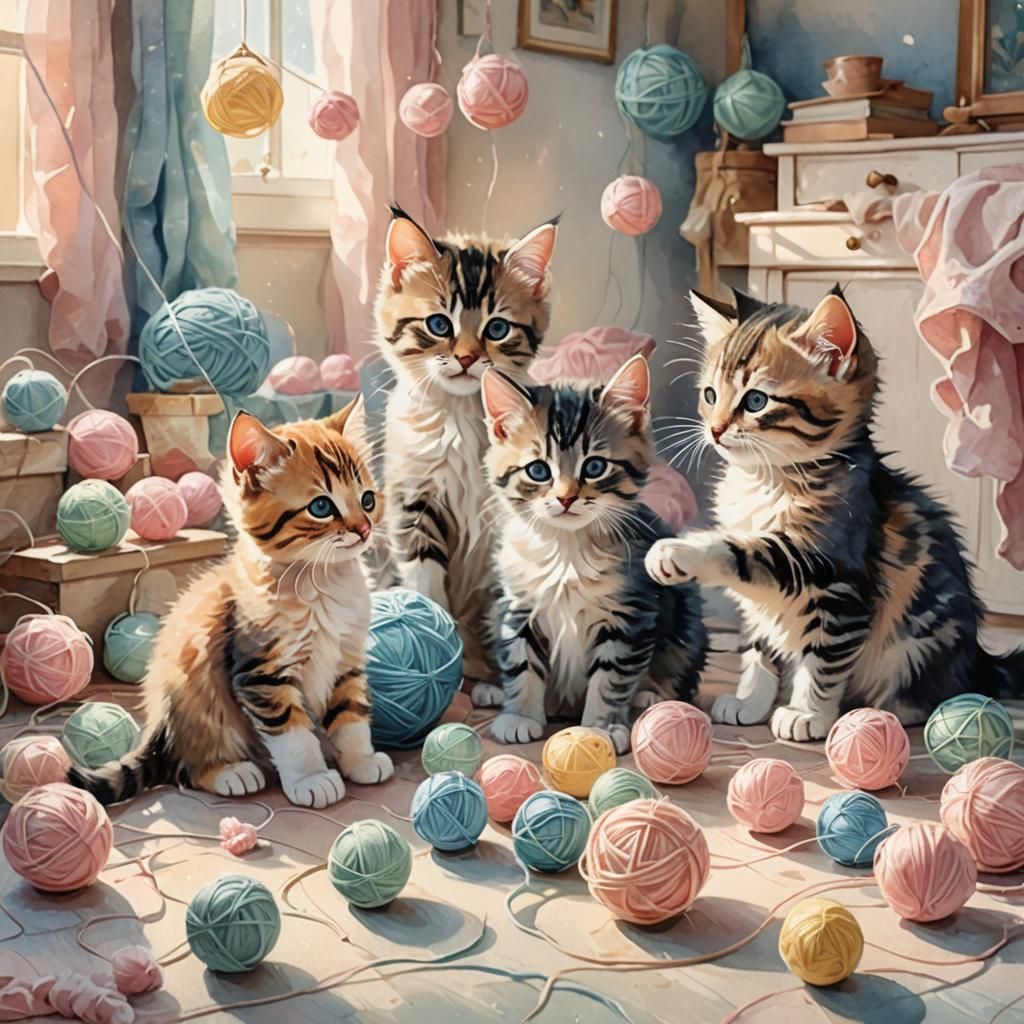 Whimsical Kittens Playing: A Watercolor Illustration