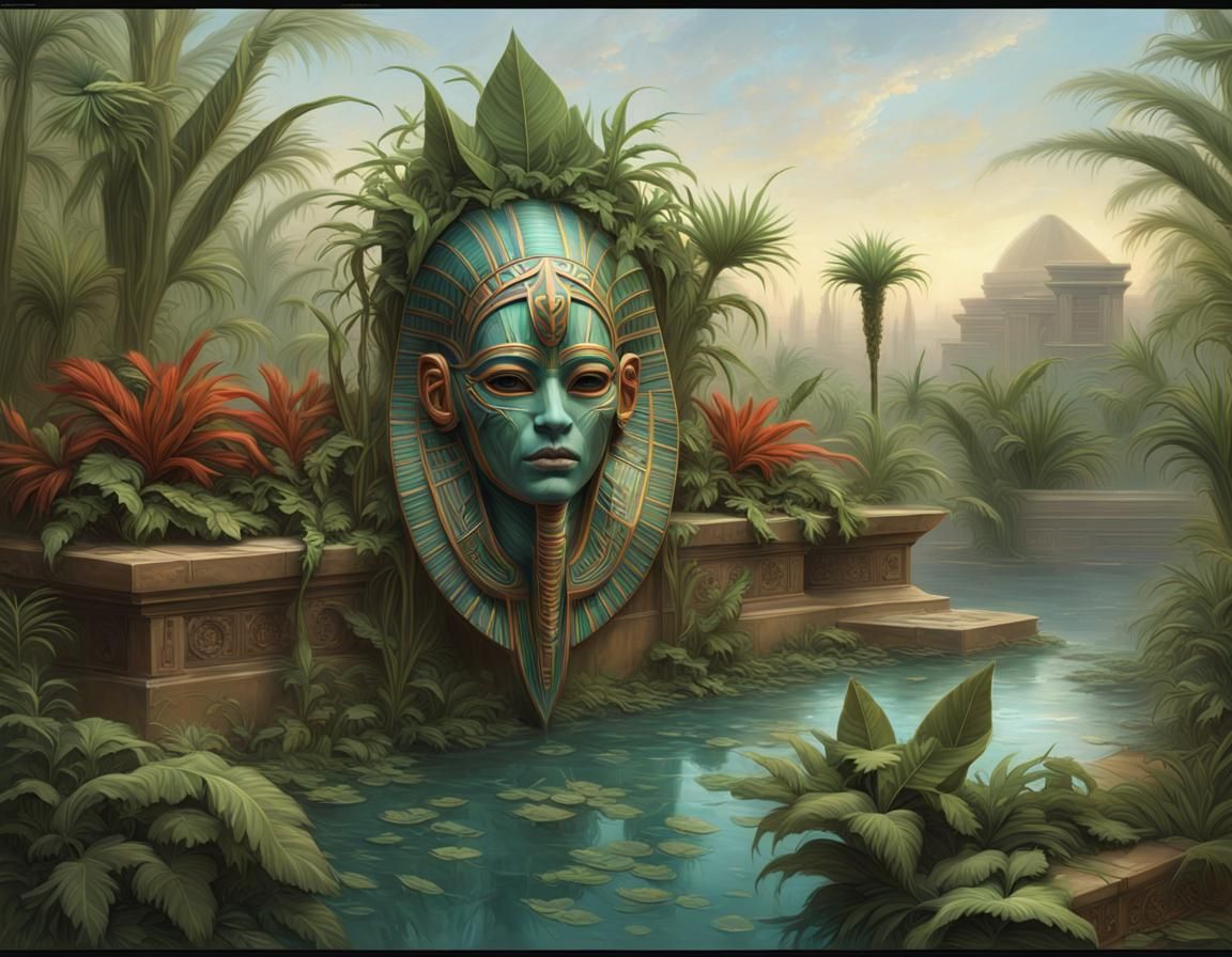 Ornate Egyptian Mask with Green Plants
