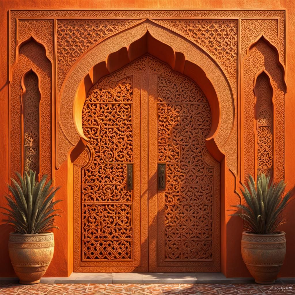 Moroccan Building with Sculpted Doors in Orange Light