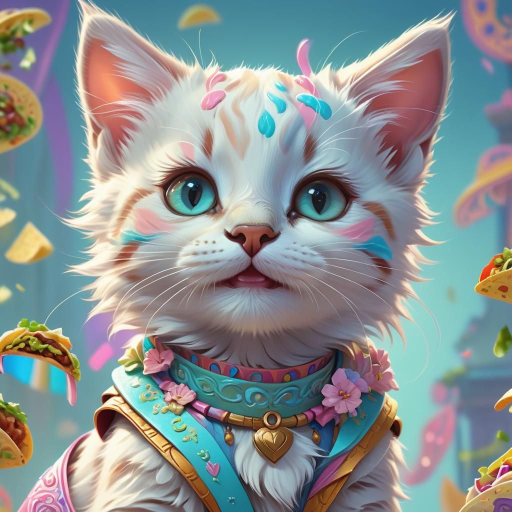 Whimsical Kitten with Taco: Detailed Matte Painting