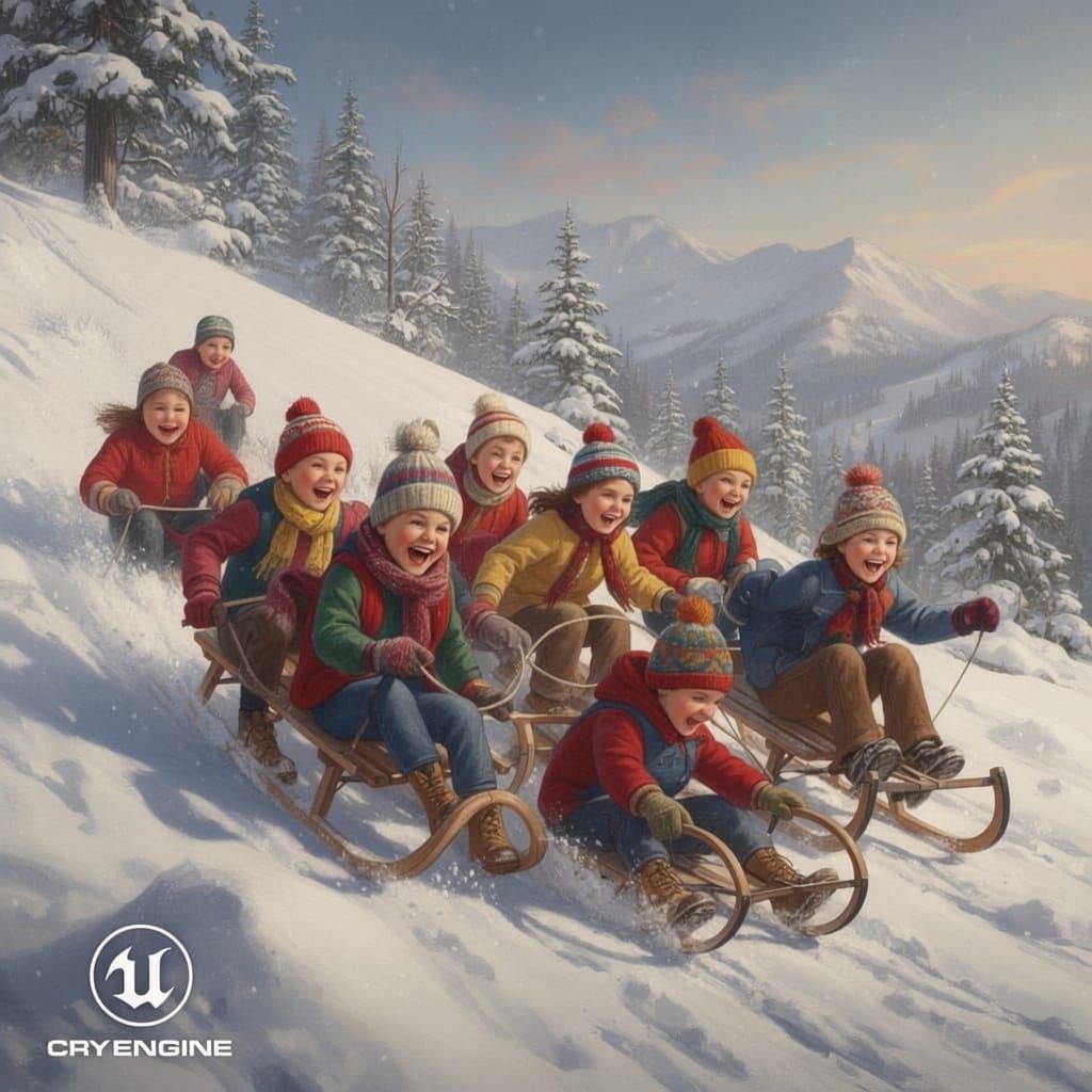 Children Sledding with Joy in Norman Rockwell Style