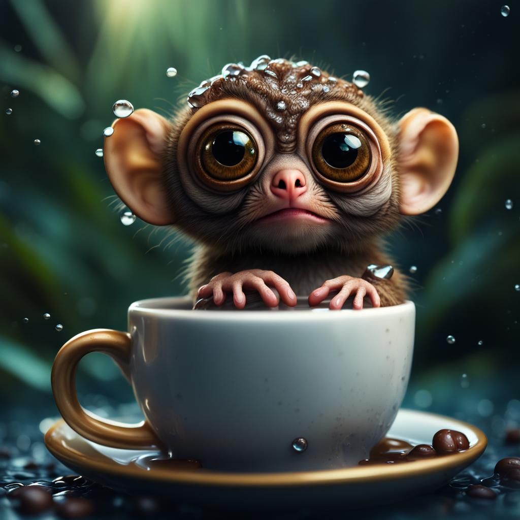 Cute Tarsier Bathes in Coffee Cup: Detailed Matte Painting