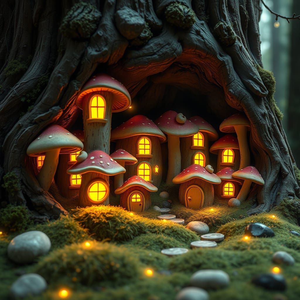 Magical Mushroom Village Inside a Tree Trunk