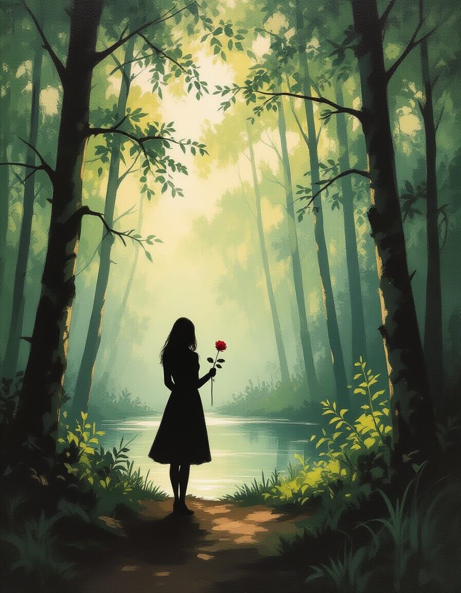 Businesswoman with Rose at Forest Edge Impressionistic Paint...