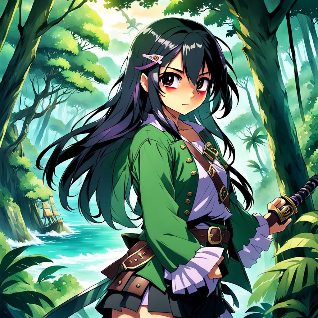 Anime Pirate Girl on Island in Manga Style