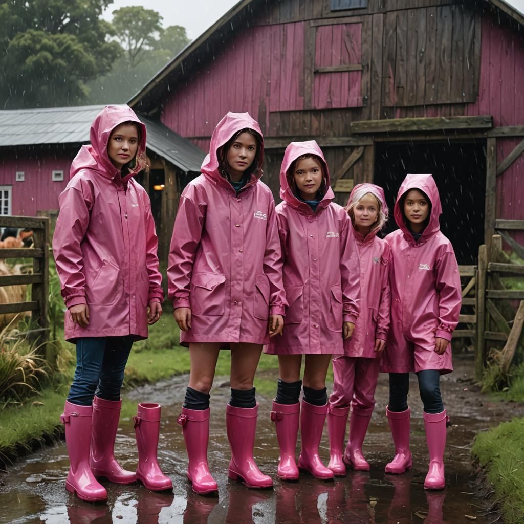 Girls in Pink Rain Suits on Farm, Detailed Matte Painting