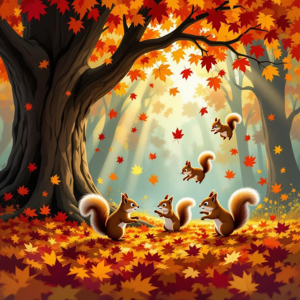 Squirrels Chase Through Autumn Leaves in Rackham-Inspired St...