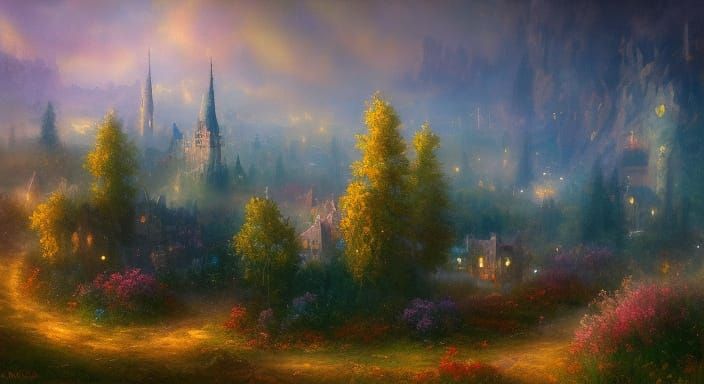 Enchanted Town: Fantasy Impressionism in Golden Light