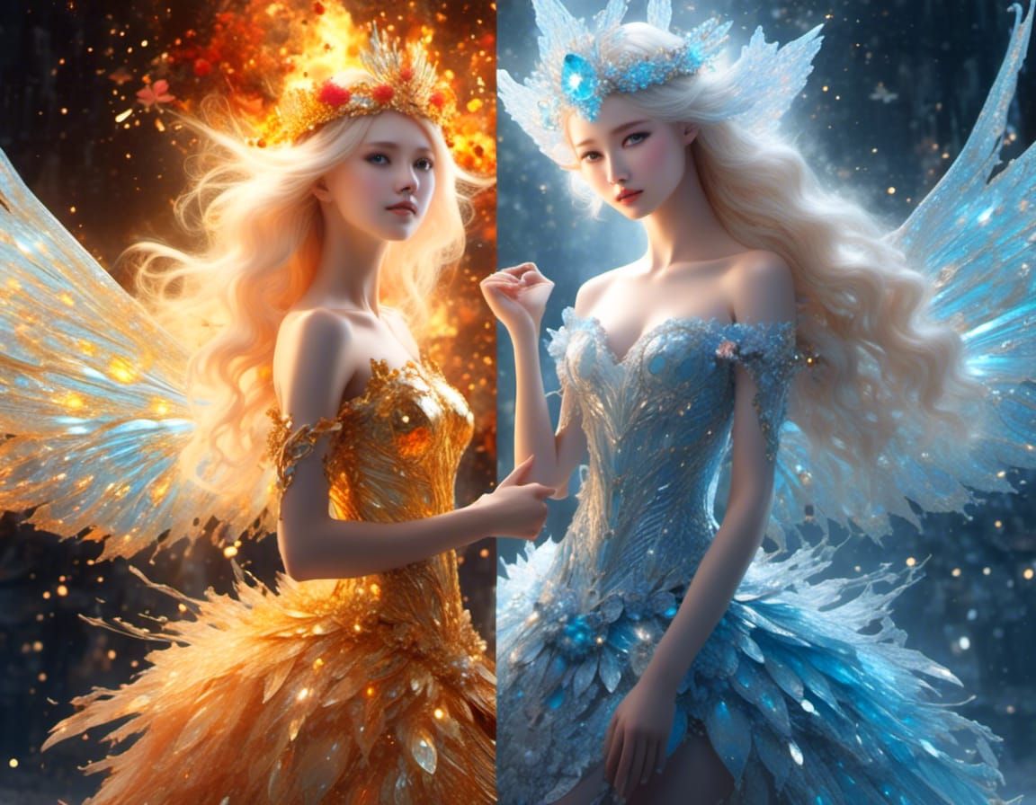 <lora:MakeItPretty:1.0> fire fairy vs ice fairy : perfect beautiful fairies