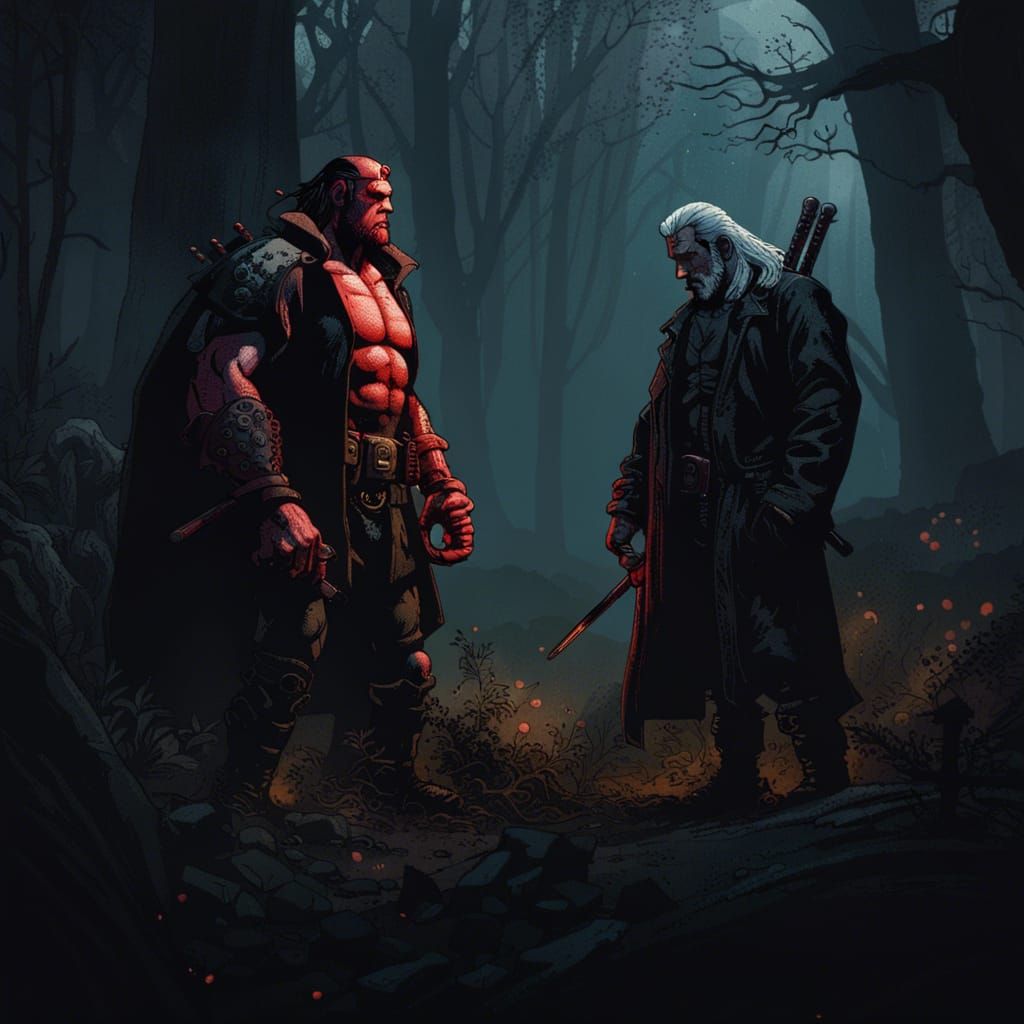 Hellboy and Witcher in Dark Forest, Gritty Style
