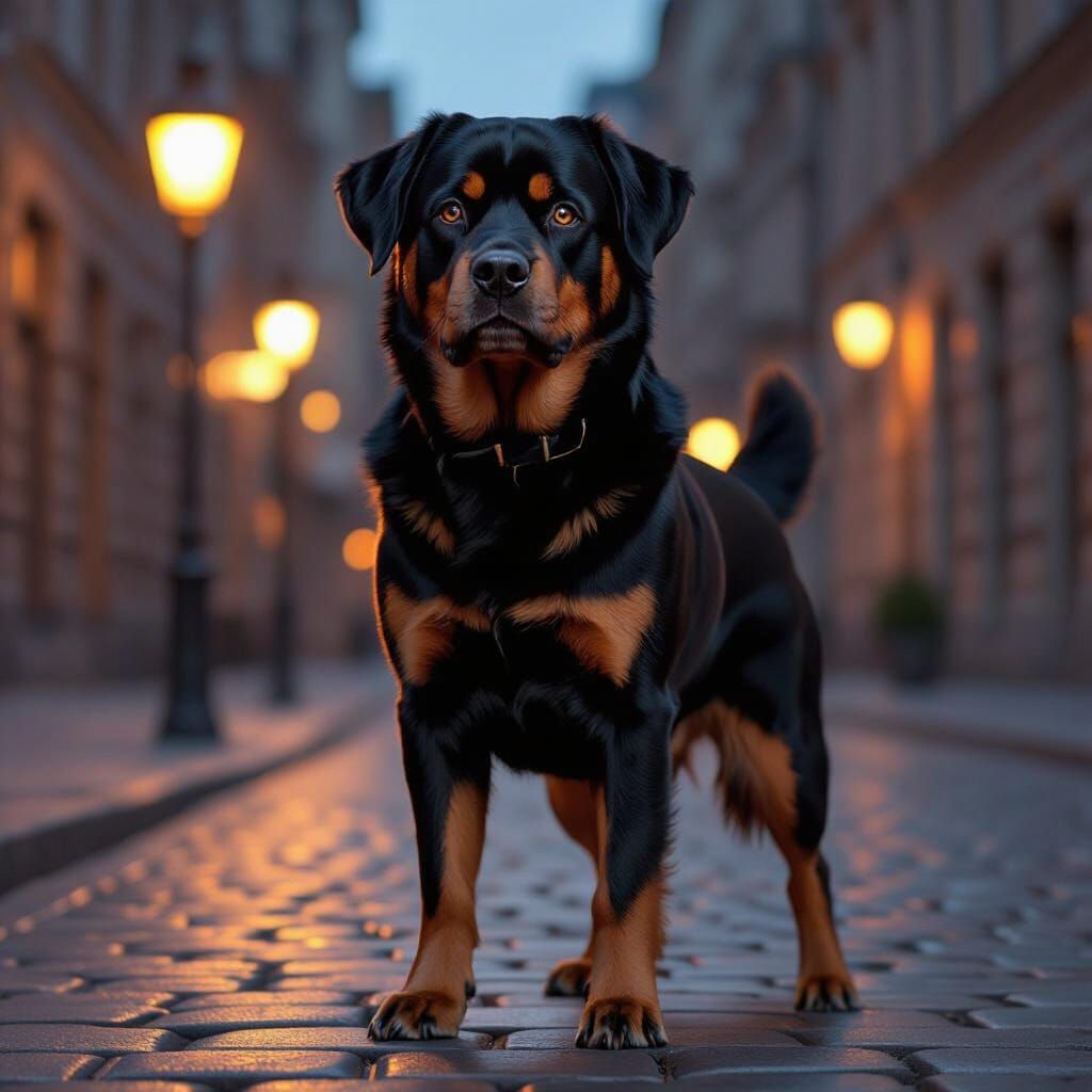 Majestic Rottweiler on Cobblestone Street at Dusk