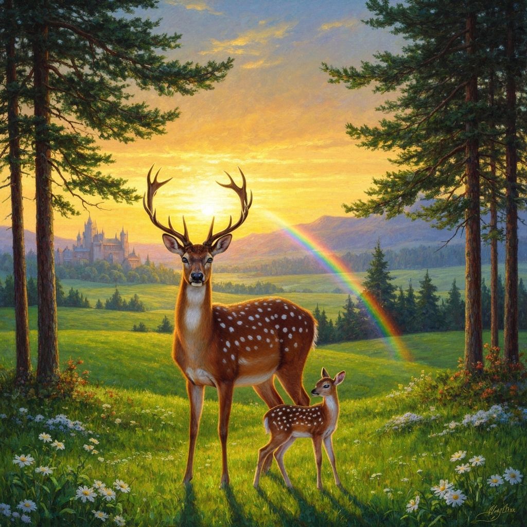 Mother Deer and Fawn in Winter Landscape at Sunset