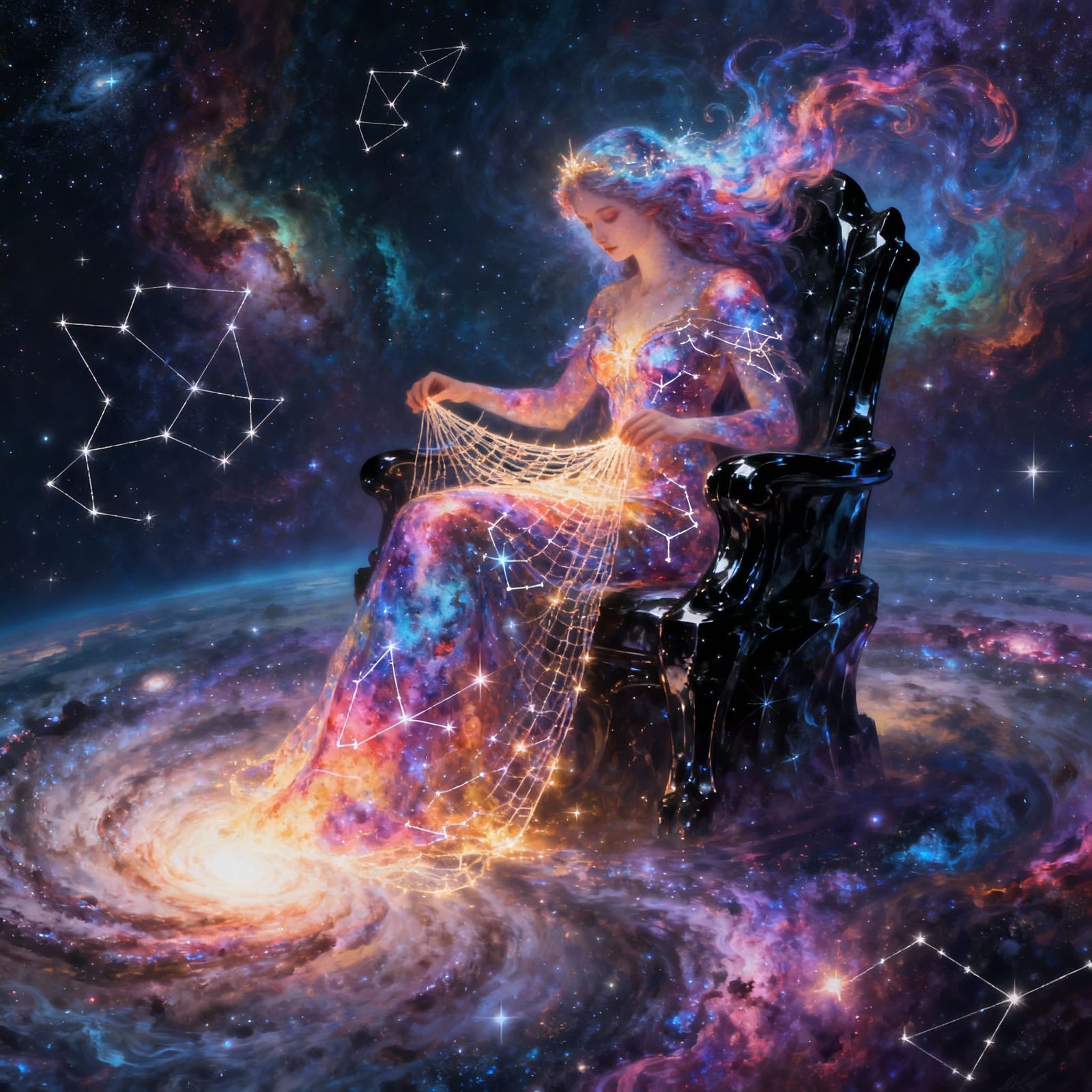 Celestial Goddess Weaving Starlight in Cosmic Fantasy Art