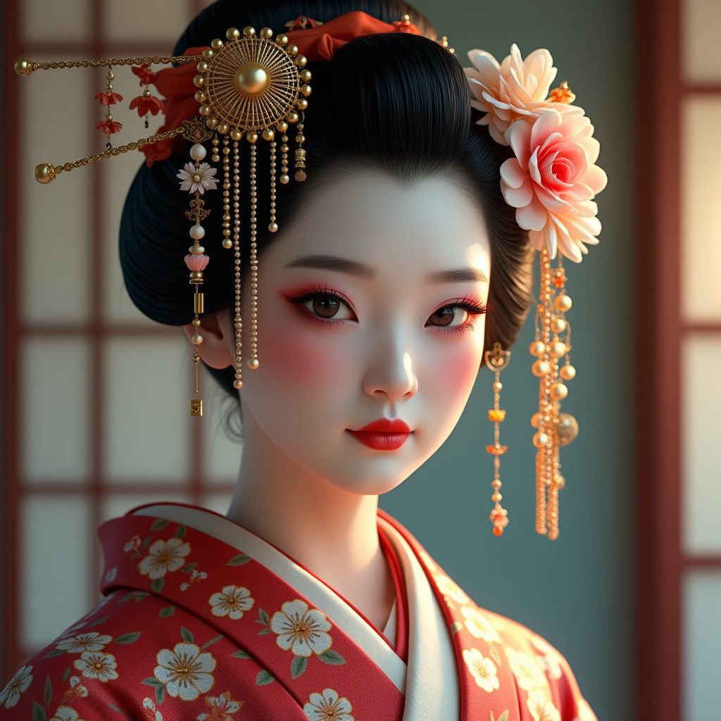 Elegant Geisha Portrait in Japanese Garden Setting