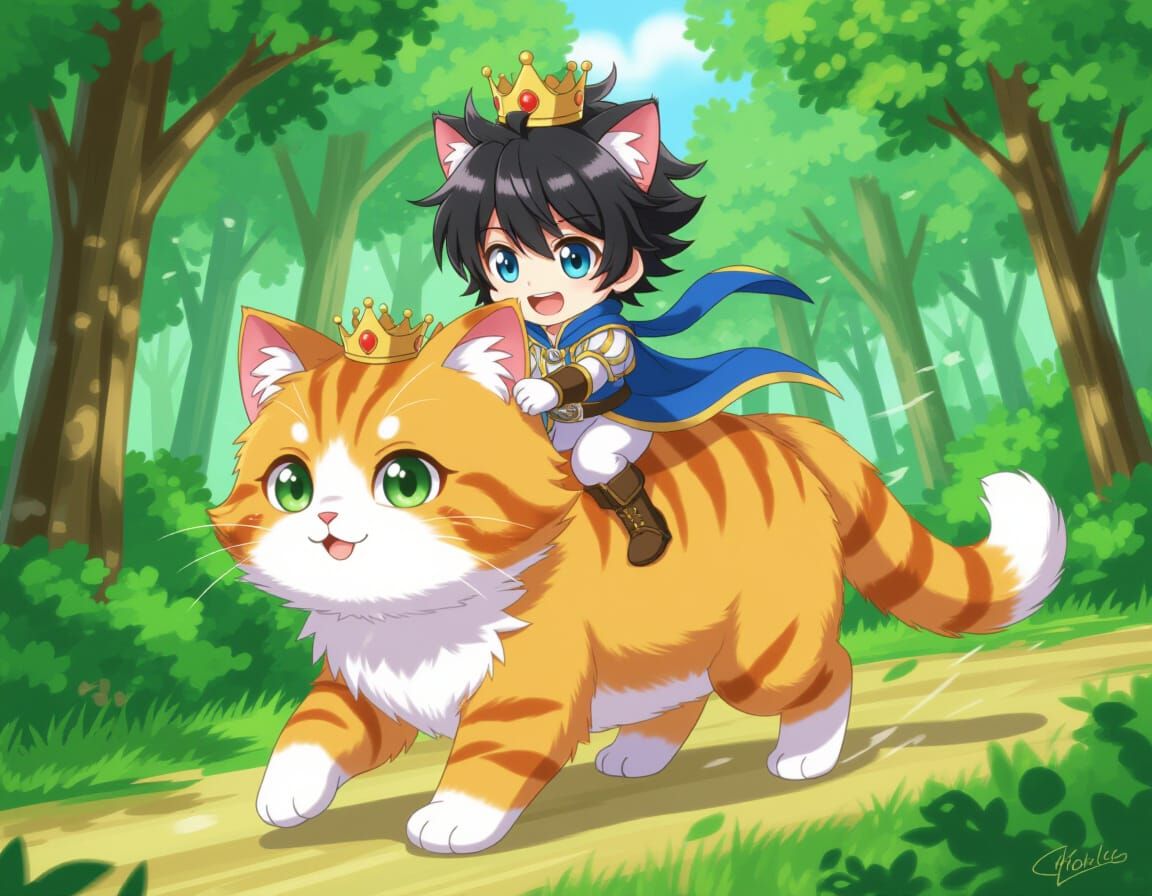 Chibi Catboy Prince Rides Fluffy Cat Through Woods in Anime ...